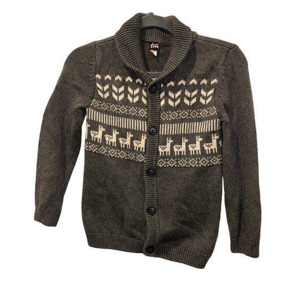 tea KIDS designer gray cream Fair Isle Alpaca llama shawl neck sweater L… - Picture 1 of 5